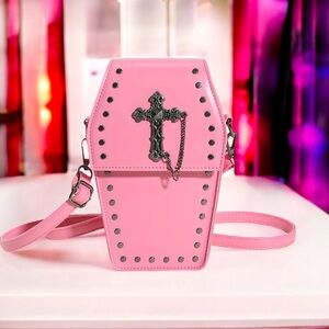 🆕 Gothic Punk Crossbody Bag With Adjustable Strap, Ladies Shoulder Purse Pink